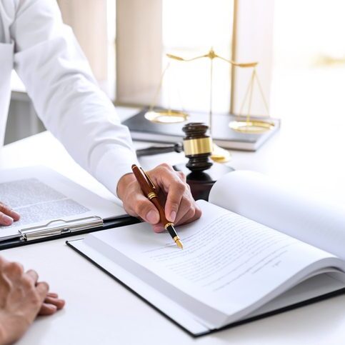 Legal professionals reviewing documents in a law office with scales and gavel.